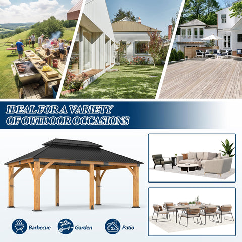 COVERONICS 12FT x 20FT Outdoor Spruce Wooden Gazebo - Patio Wood Frame Gazebo with Galvanized Steel Double Roof, Heavy-Duty Hardtop for Garden, Poolside, Deck, Backyard