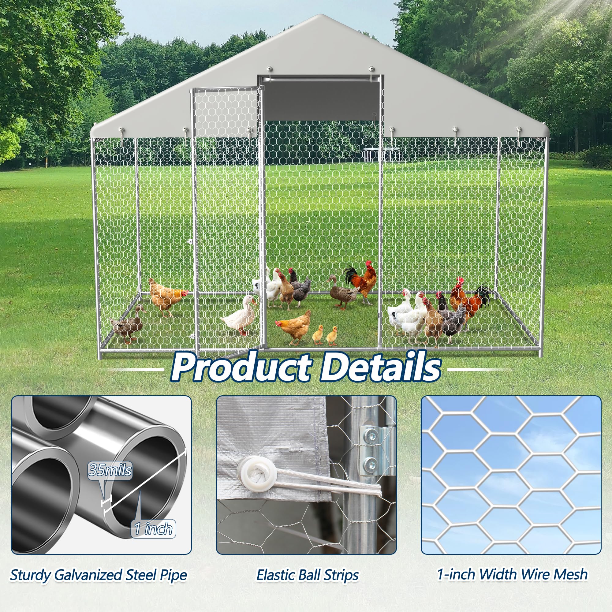 COVERONICS Metal Chicken Coop Run - Outdoor Large Chicken Coop with Waterproof Cover and Security Lock, Walk-in Poultry Pen for Outdoor Yard Farm 9.7 * 6.5 * 6.4FT (1-Unit Spire Roof Coop)