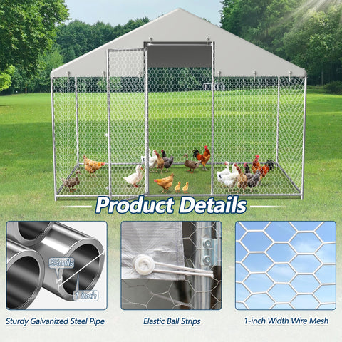 COVERONICS Metal Chicken Coop Run - Outdoor Large Chicken Coop with Waterproof Cover and Security Lock, Walk-in Poultry Pen for Outdoor Yard Farm 9.7 * 6.5 * 6.4FT (1-Unit Spire Roof Coop)