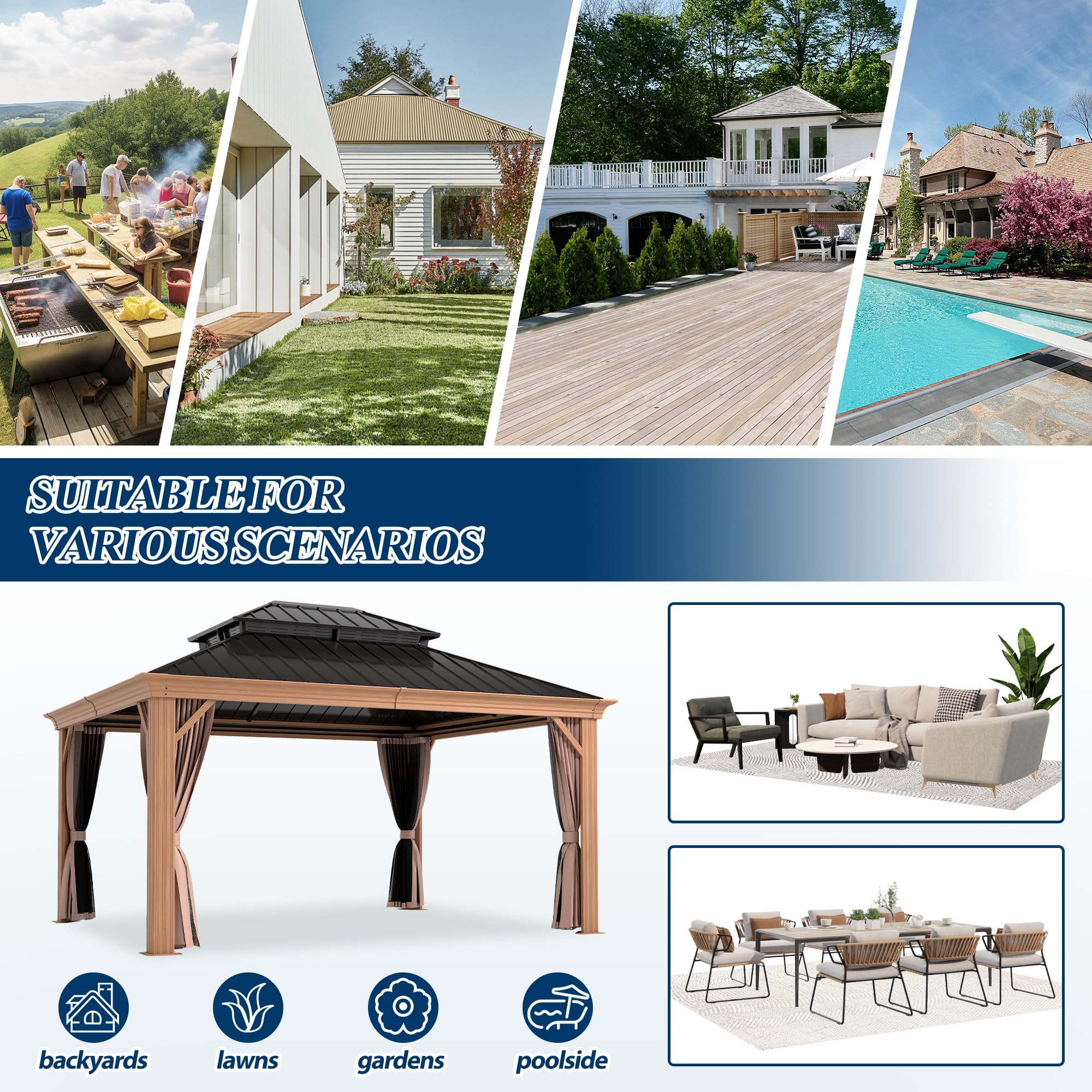 COVERONICS 10' x 12' Outdoor Drainage System Gazebo - Galvanized Steel Hardtop Gazebo with Powder-Coated Aluminum Frame, Heavy-Duty Gazebo with Netting & Curtains for Patio, Garden, Backyard