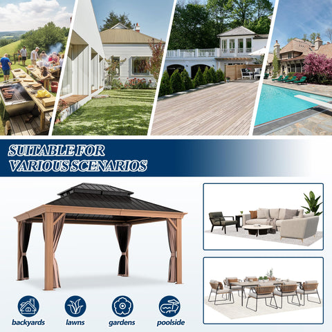 COVERONICS 10' x 12' Outdoor Drainage System Gazebo - Galvanized Steel Hardtop Gazebo with Powder-Coated Aluminum Frame, Heavy-Duty Gazebo with Netting & Curtains for Patio, Garden, Backyard