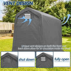 COVERONICS 6' x 7' Outdoor Storage Shed - Heavy Duty Portable Shelter Carport with Ventilation Windows and Roll-up Doors, Storage Shelter Tent for Motorcycle, Bike, Lawnmower and Garden Tools, Grey