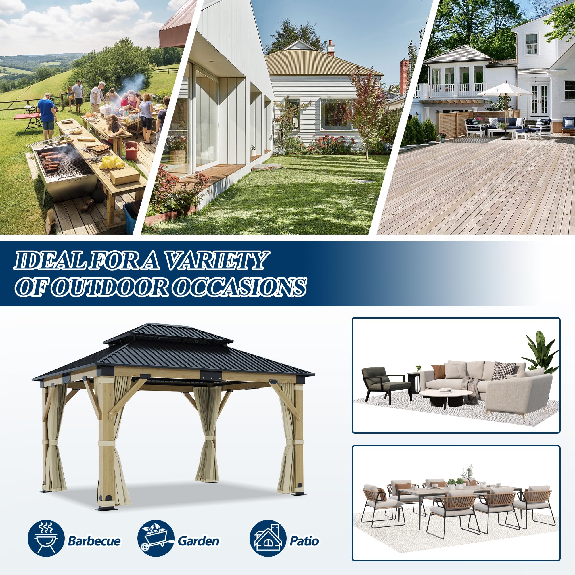 COVERONICS 11FT x 13FT Outdoor Cedar Wooden Gazebo - Patio Wood Frame Gazebo with Galvanized Steel Hardtop, Heavy-Duty Hardtop Gazebo with Netting & Curtains for Garden, Poolside, Deck, Backyard