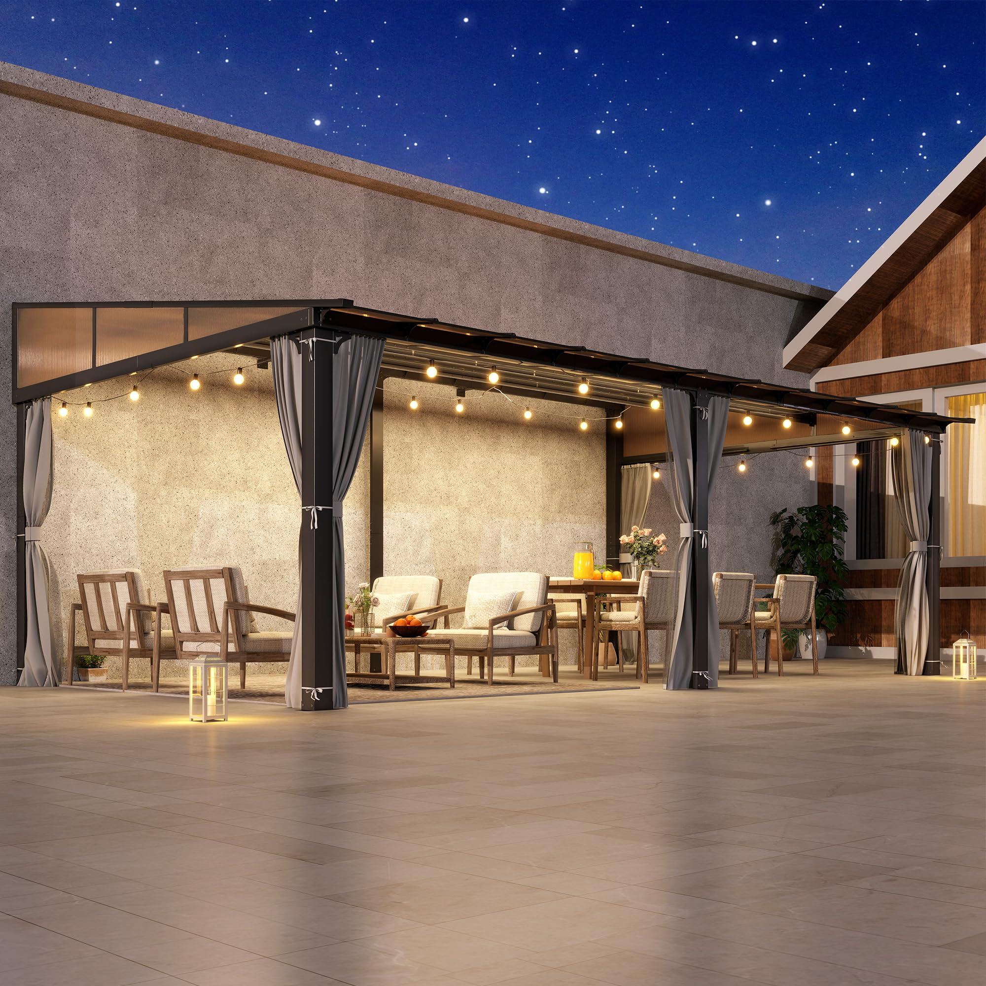 12×20 ft Wall-Mounted Polycarbonate Lean-to Gazebo with Sloped Hardtop, Aluminum Frame, Netting & Curtains