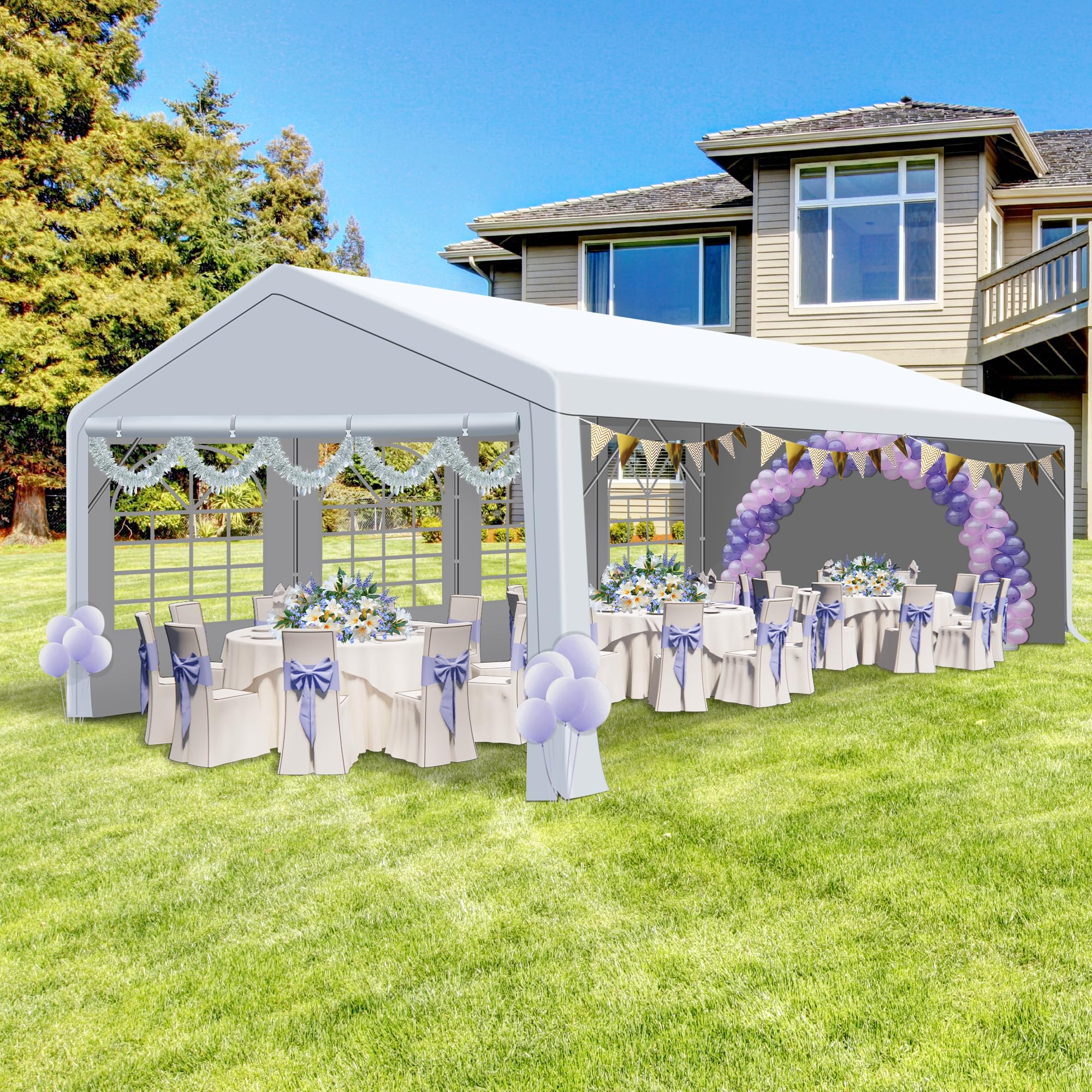 COVERONICS Outdoor Party Tent, 13'X26' Patio Canopy Party Tent with Rollable Sides and 4 Sandbags, Heavy Duty Steel Frame Carport Gazebo Event Tent Perfect for Birthday Party, Wedding, Outdoor Event
