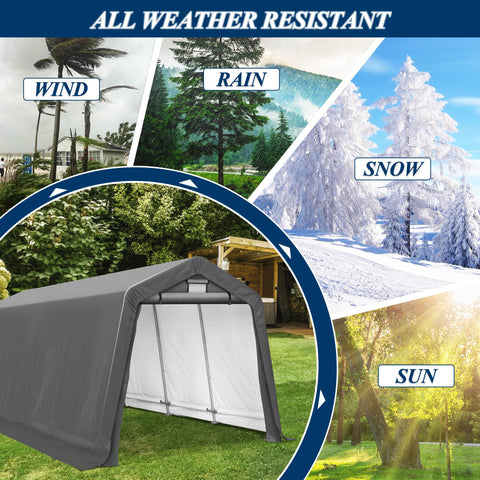 COVERONICS 8' x 14' Outdoor Storage Shed - Heavy Duty Portable Shelter Carport with Ventilation Windows and Roll-up Doors, Storage Shelter Tent for Motorcycle, Bike, Lawnmower and Garden Tools, Grey