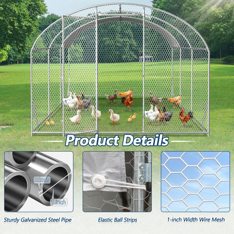 COVERONICS Metal Chicken Coop Run - Outdoor Large Chicken Coop with Waterproof Cover and Security Lock, Walk-in Poultry Pen for Outdoor Yard Farm 9x19x6.5FT (3-Unit Dome Roof Coop)