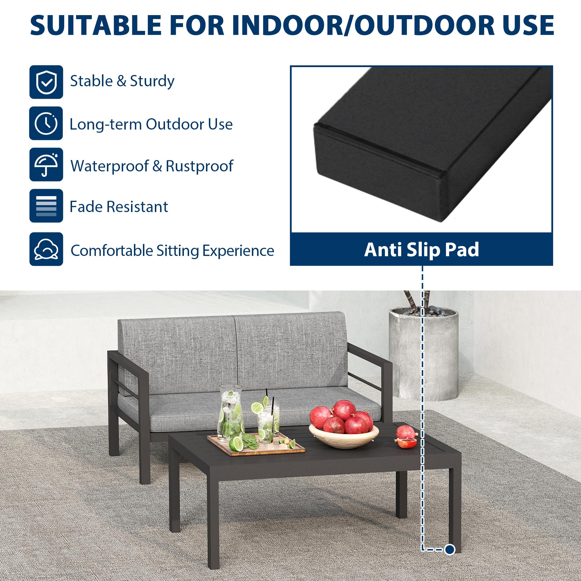 COVERONICS Outdoor 2 Pieces Aluminum Frame Furniture Set - Patio Modern Conversation Sofa Set Garden Furniture Set with Loveseat Coffee Table Balcony Backyard Poolside Gray