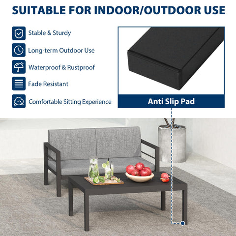 COVERONICS Outdoor 2 Pieces Aluminum Frame Furniture Set - Patio Modern Conversation Sofa Set Garden Furniture Set with Loveseat Coffee Table Balcony Backyard Poolside Gray