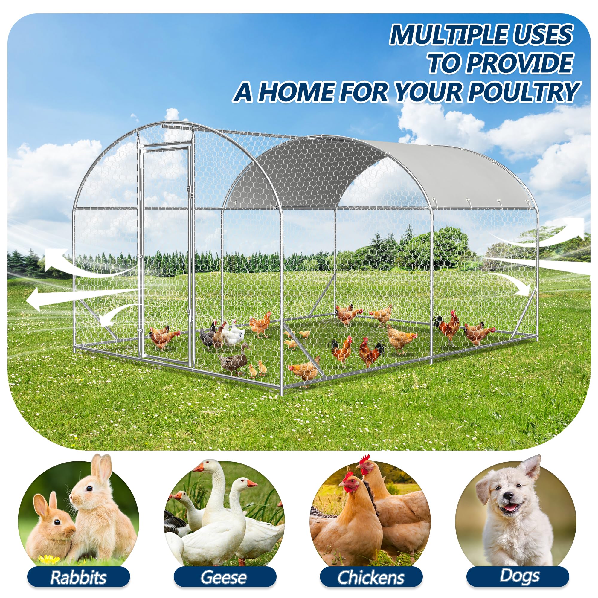 COVERONICS Metal Chicken Coop Run - Outdoor Large Chicken Coop with Waterproof Cover and Security Lock, Walk-in Poultry Pen for Outdoor Yard Farm 9x13x6.5FT (2-Unit Dome Roof Coop)