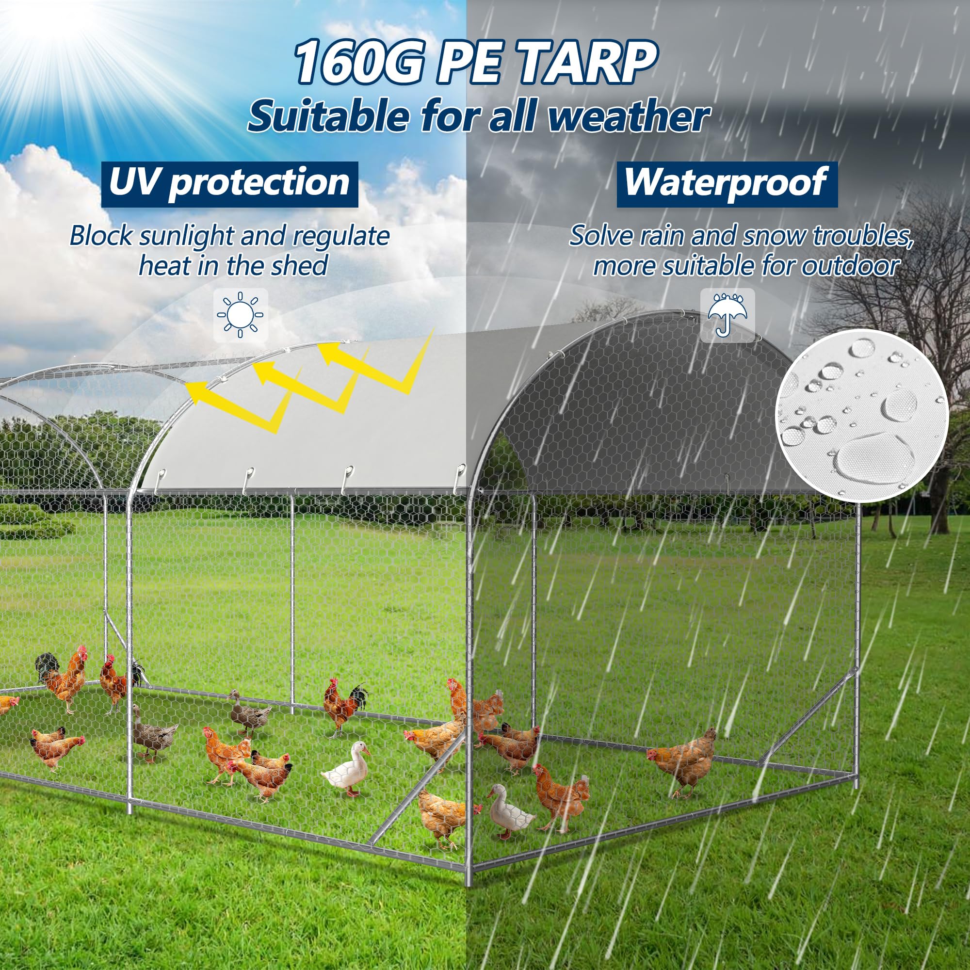 COVERONICS Metal Chicken Coop Run - Outdoor Large Chicken Coop with Waterproof Cover and Security Lock, Walk-in Poultry Pen for Outdoor Yard Farm 9x19x6.5FT (3-Unit Dome Roof Coop)