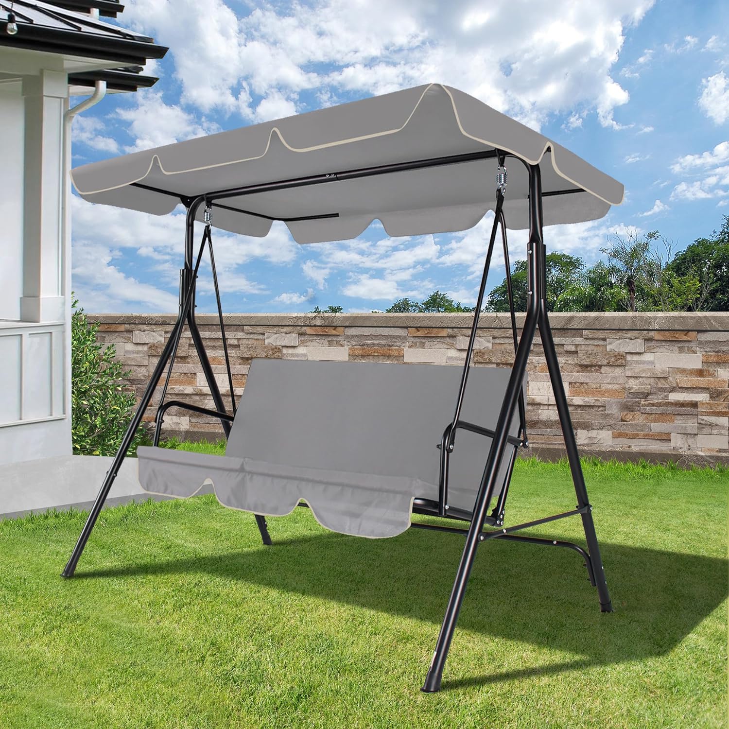 3-Seat Outdoor Porch Swing, Patio Swing Chair with Adjustable Canopy & Durable Metal Frame, Garden Swings Chair with Removable Cushions for Backyard, Terrace, Lawn