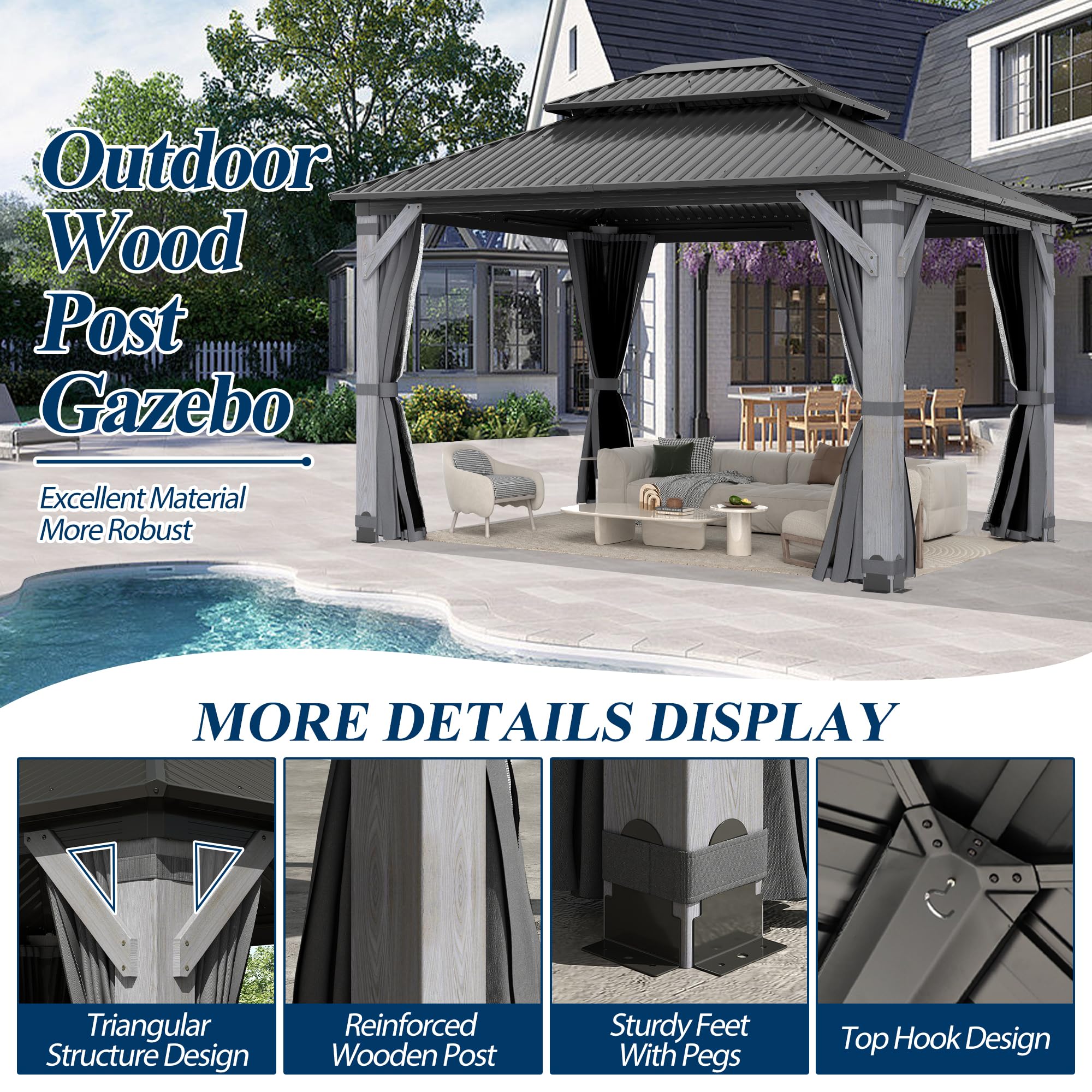 COVERONICS 10FT x 12FT Outdoor Hardtop Gazebo - Patio Cedar Wood Post Gazebo with Galvanized Steel Hardtop, Heavy-Duty Double Roof Pavilion with Netting & Curtains for Garden, Poolside, Deck, Backyard