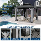 COVERONICS 10FT x 10FT Outdoor Hardtop Gazebo - Patio Cedar Wood Post Gazebo with Galvanized Steel Hardtop, Heavy-Duty Double Roof Pavilion with Netting & Curtains for Garden, Poolside, Deck, Backyard