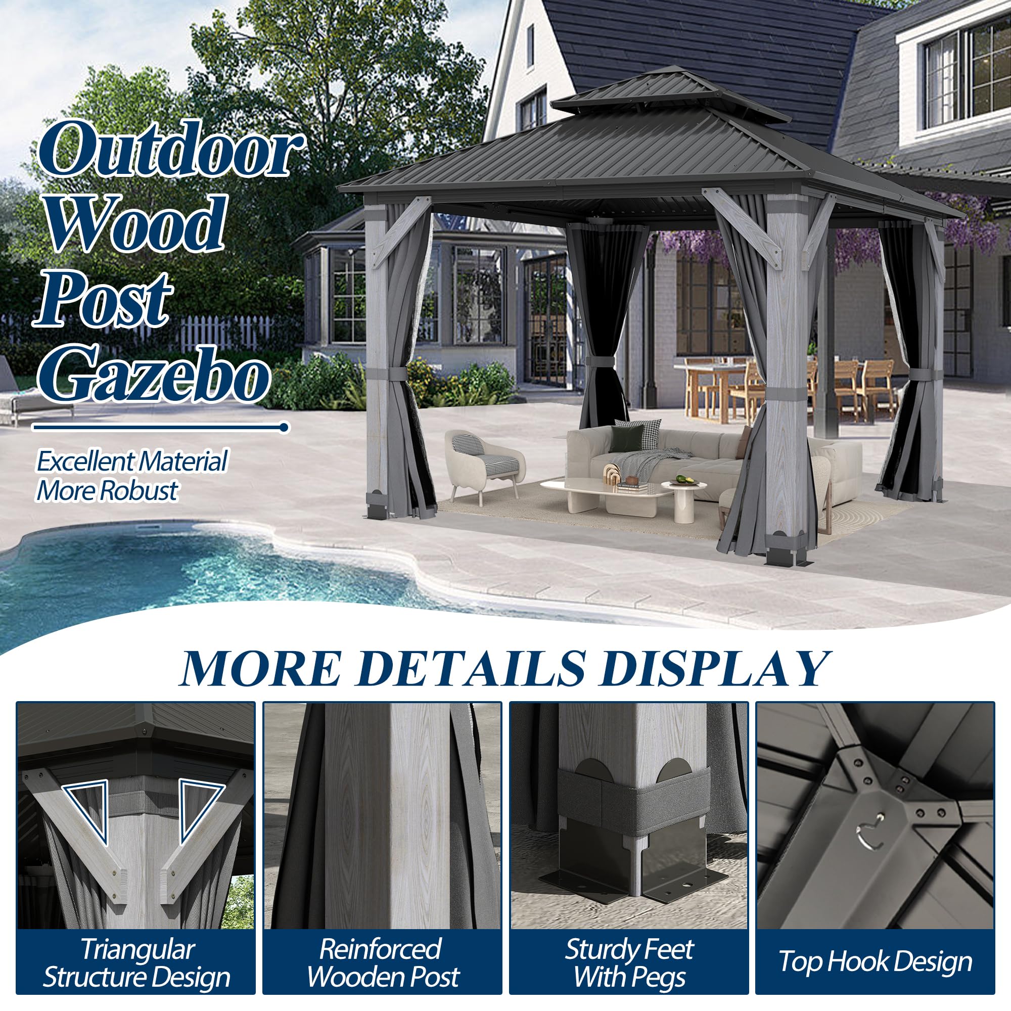 COVERONICS 10FT x 10FT Outdoor Hardtop Gazebo - Patio Cedar Wood Post Gazebo with Galvanized Steel Hardtop, Heavy-Duty Double Roof Pavilion with Netting & Curtains for Garden, Poolside, Deck, Backyard