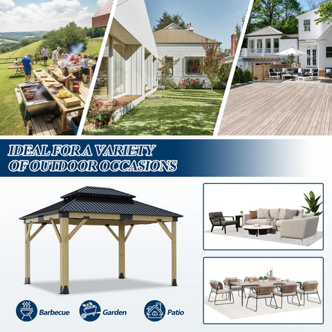 COVERONICS 11FT x 13FT Outdoor Cedar Wooden Gazebo - Patio Wood Frame Gazebo with Galvanized Steel Hardtop, Heavy-Duty Hardtop Gazebo for Garden, Poolside, Deck, Backyard