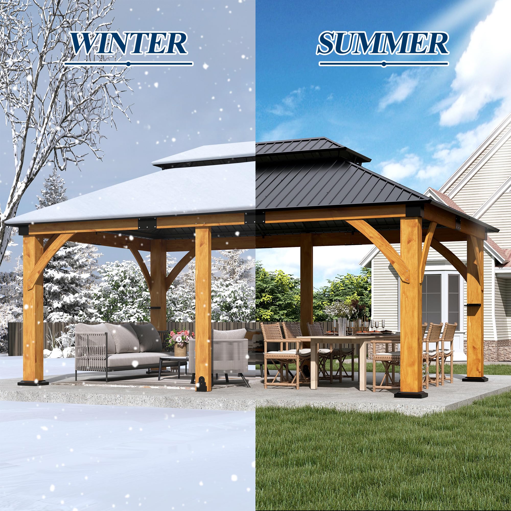 12×20 ft Spruce Wood Double Roof Hardtop Gazebo with Galvanized Steel Roof for Backyard