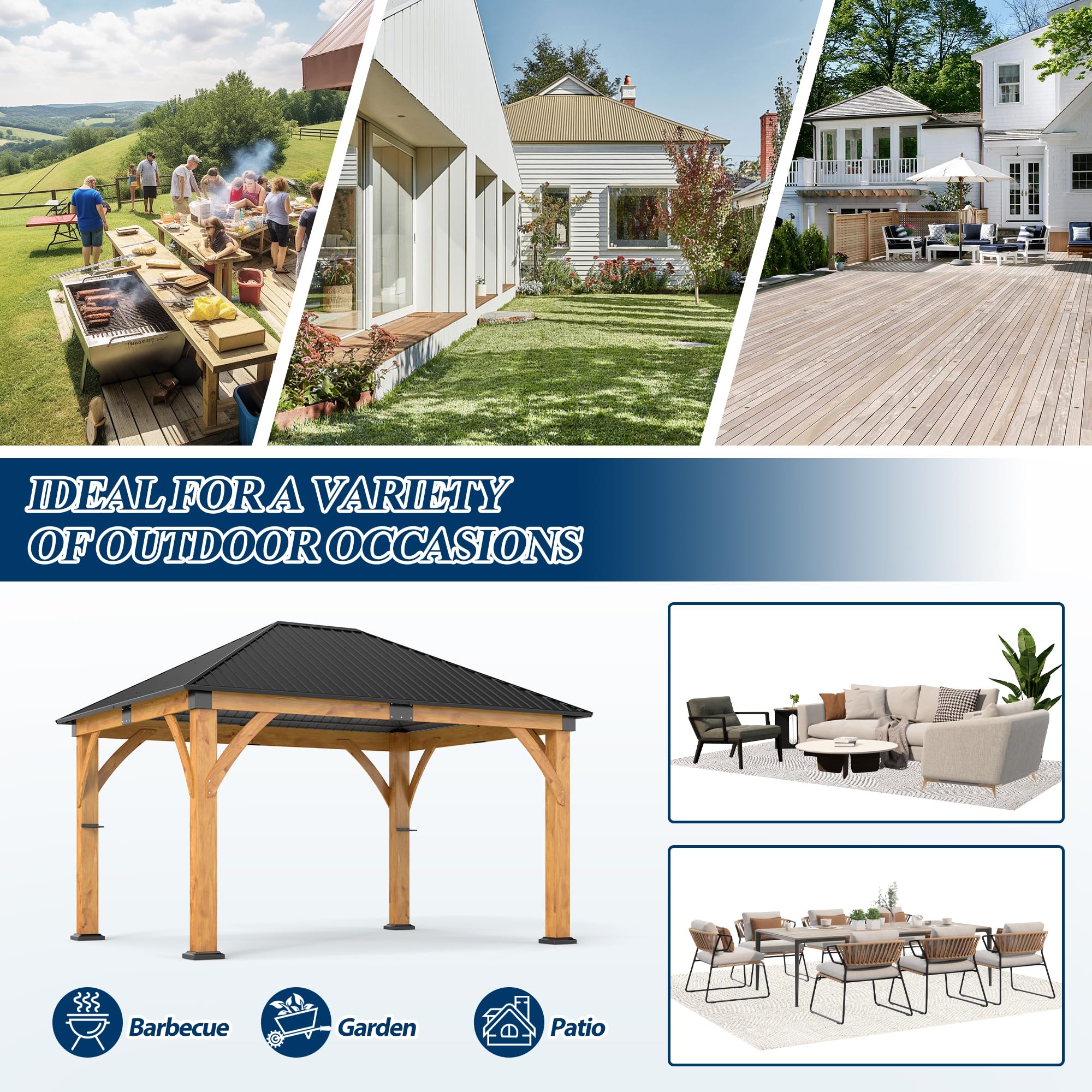 COVERONICS 11FT x 13FT Outdoor Spruce Wooden Gazebo - Patio Wood Frame Gazebo with Galvanized Steel Hardtop, Heavy-Duty Hardtop Gazebos for Garden, Poolside, Deck, Backyard