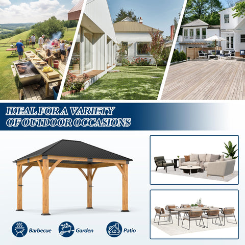 COVERONICS 11FT x 13FT Outdoor Spruce Wooden Gazebo - Patio Wood Frame Gazebo with Galvanized Steel Hardtop, Heavy-Duty Hardtop Gazebos for Garden, Poolside, Deck, Backyard