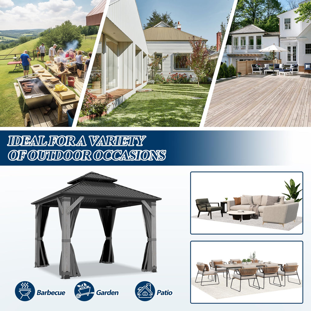 COVERONICS 8.5FT x 8.5FT Outdoor Hardtop Gazebo - Patio Cedar Wood Post Gazebo with Galvanized Steel Hardtop, Heavy-Duty Double Roof Pavilion with Netting & Curtains for Garden, Poolside, Deck, Backyard