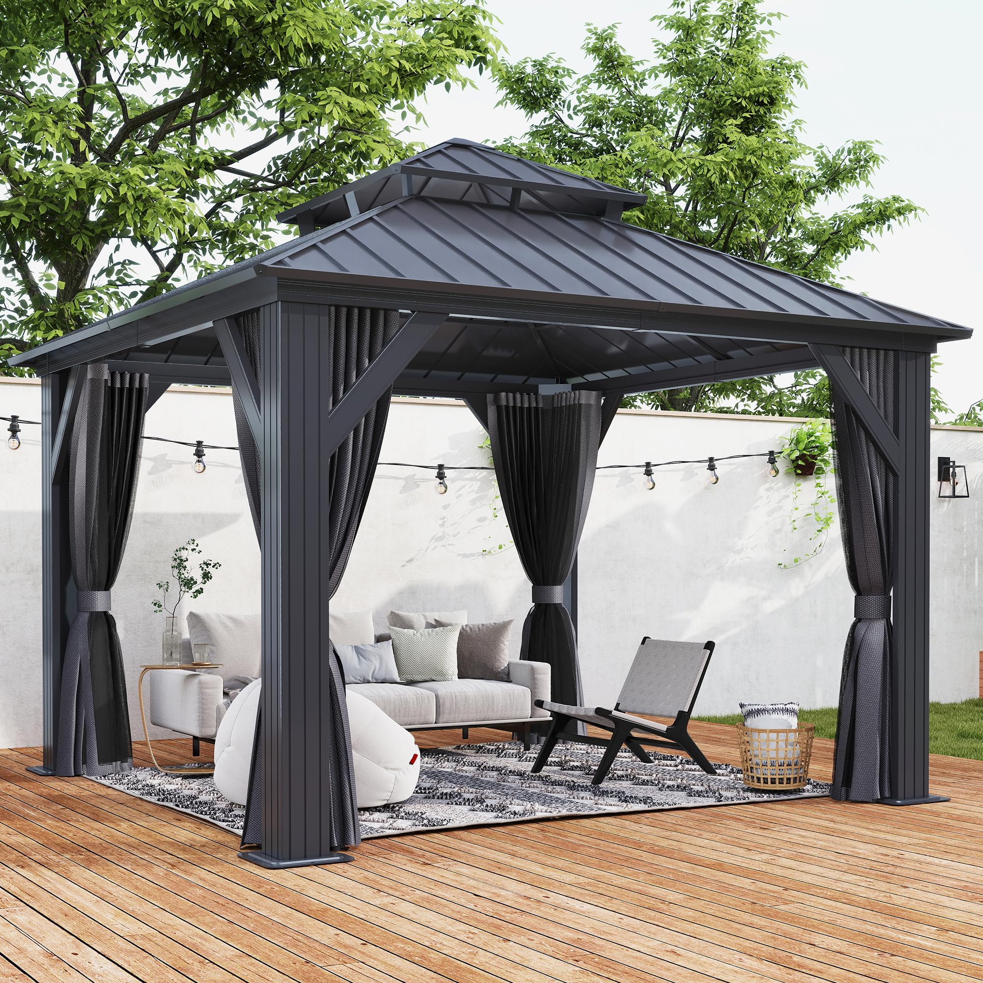 COVERONICS 10' x 10' Outdoor Galvanized Hardtop Gazebo - Aluminum Heavy-Duty Double Roof Vented Gazebo with Breathable Netting & Privacy Curtains for Patio, Porch, Garden, Lawn