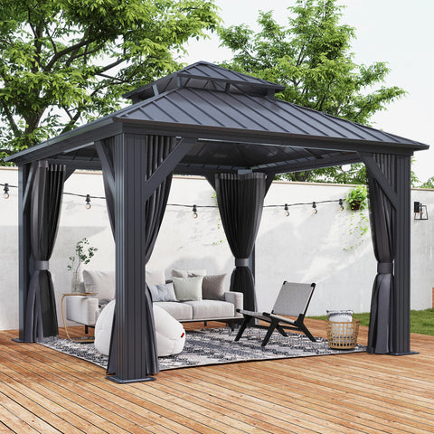 COVERONICS 10' x 10' Outdoor Galvanized Hardtop Gazebo - Aluminum Heavy-Duty Double Roof Vented Gazebo with Breathable Netting & Privacy Curtains for Patio, Porch, Garden, Lawn
