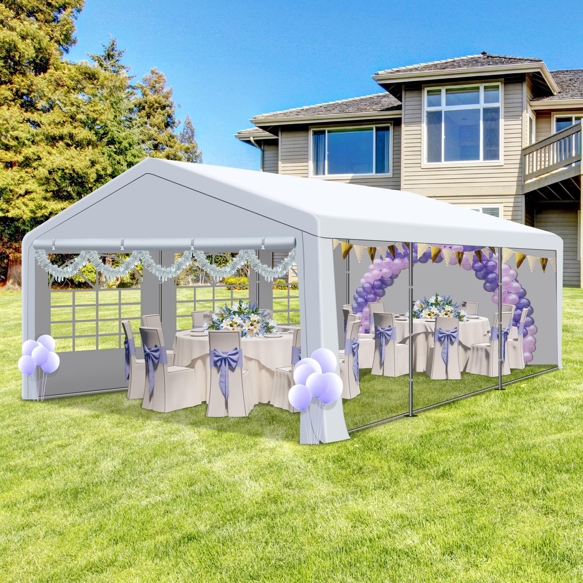 COVERONICS Outdoor Canopy, 20'X20' Patio Tent with Rollable Sides and 4 Sandbags, Heavy Duty Steel Frame Carport Gazebo Event Tent Perfect for Wedding, Birthday Party, Outdoor Event