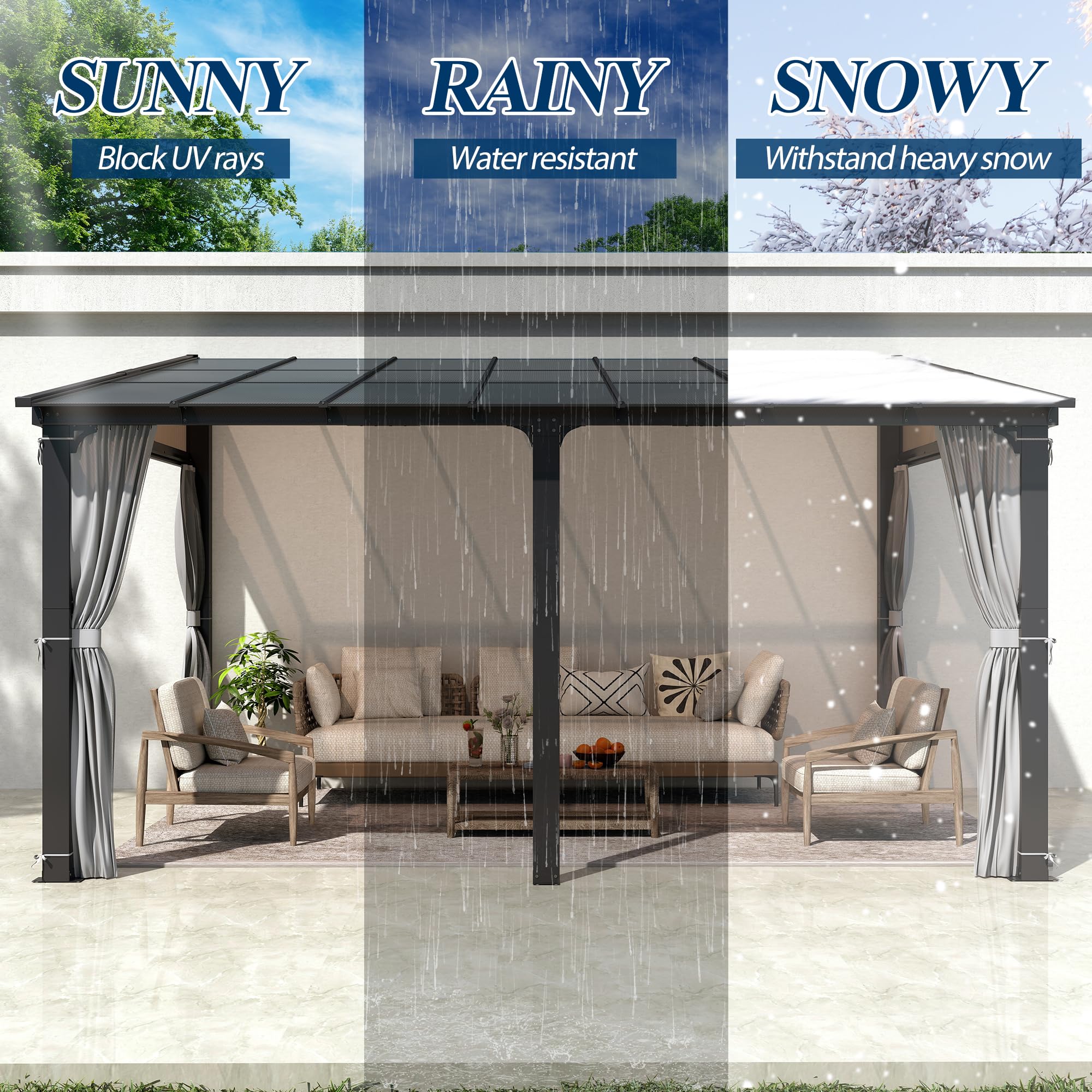 12×14 ft Wall-Mounted Polycarbonate Lean-to Gazebo with Sloped Hardtop, Aluminum Frame, Netting & Curtains