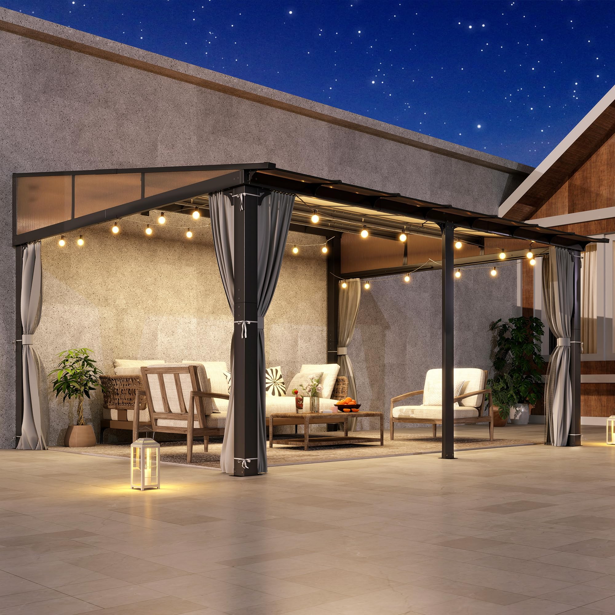 12×14 ft Wall-Mounted Polycarbonate Lean-to Gazebo with Sloped Hardtop, Aluminum Frame, Netting & Curtains