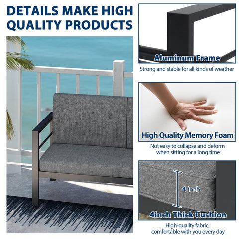 COVERONICS Outdoor 2 Pieces Aluminum Frame Furniture Set - Patio Modern Conversation Sofa Set Garden Furniture Set with Loveseat Coffee Table Balcony Backyard Poolside Gray