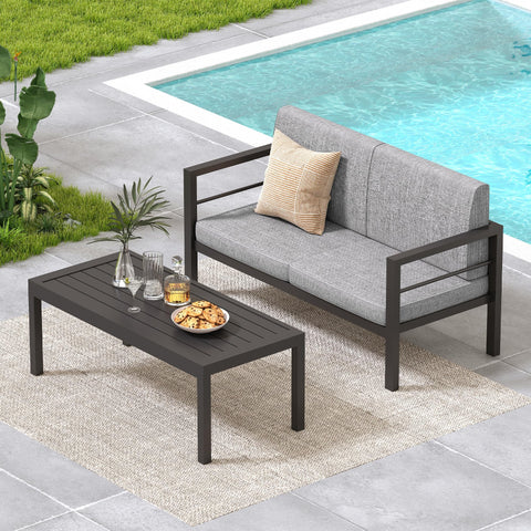 COVERONICS Outdoor 2 Pieces Aluminum Frame Furniture Set - Patio Modern Conversation Sofa Set Garden Furniture Set with Loveseat Coffee Table Balcony Backyard Poolside Gray