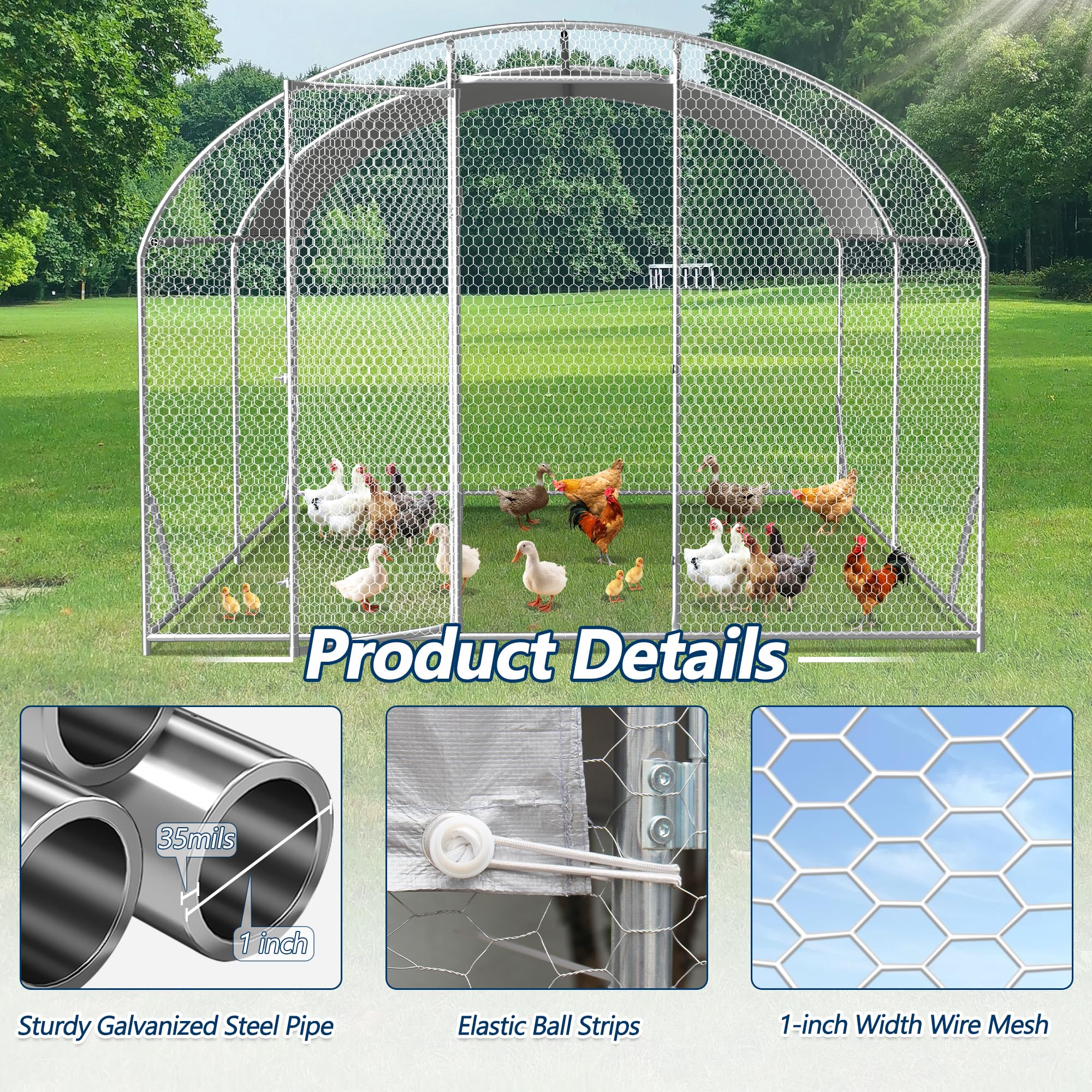 COVERONICS Metal Chicken Coop Run - Outdoor Large Chicken Coop with Waterproof Cover and Security Lock, Walk-in Poultry Pen for Outdoor Yard Farm 9x13x6.5FT (2-Unit Dome Roof Coop)