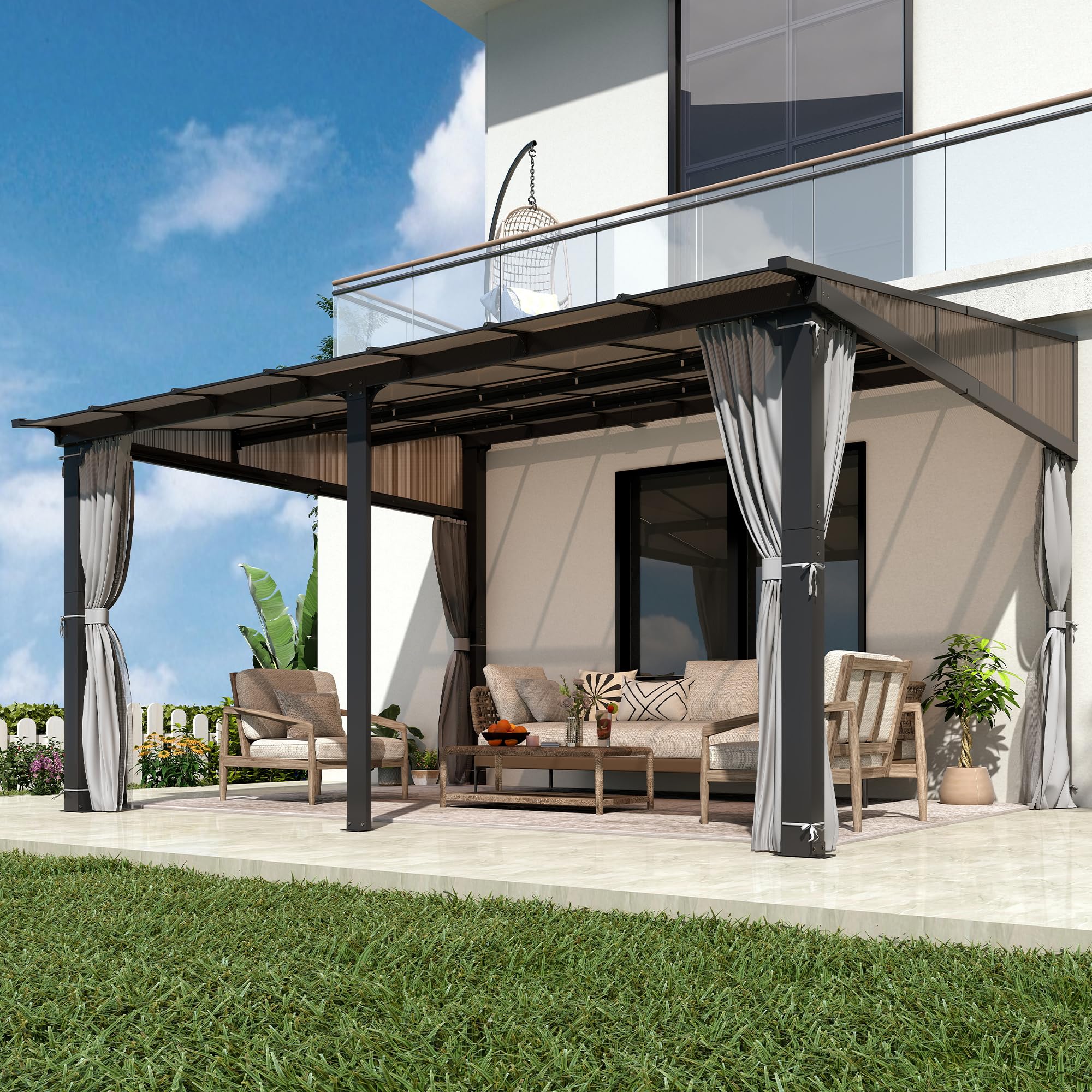 12×14 ft Wall-Mounted Polycarbonate Lean-to Gazebo with Sloped Hardtop, Aluminum Frame, Netting & Curtains