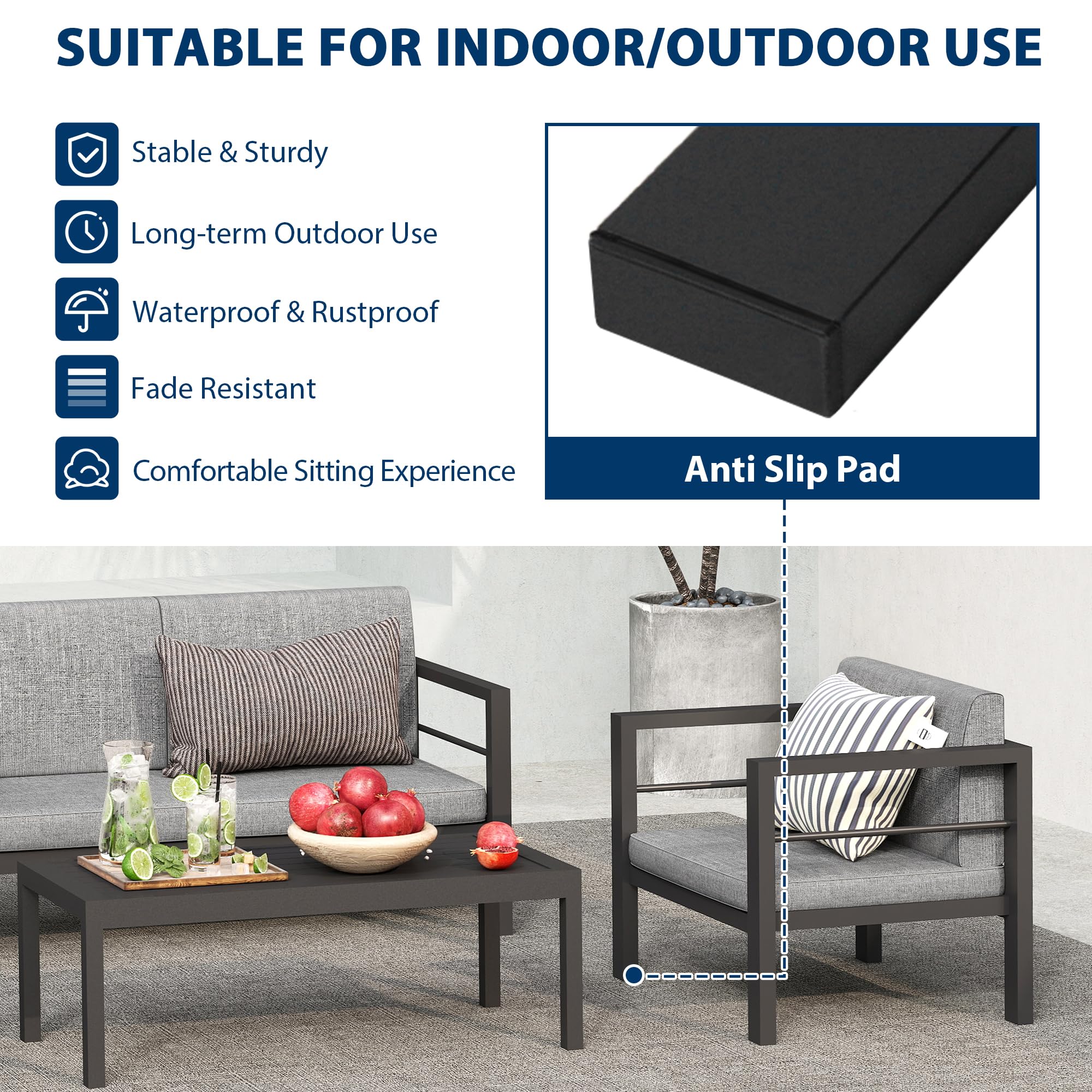 COVERONICS Outdoor 4 Pieces Aluminum Furniture Set - Patio Conversation Set with Upgraded Waterproof Cushions, Perfect for Backyard, Garden, Courtyards, Poolside