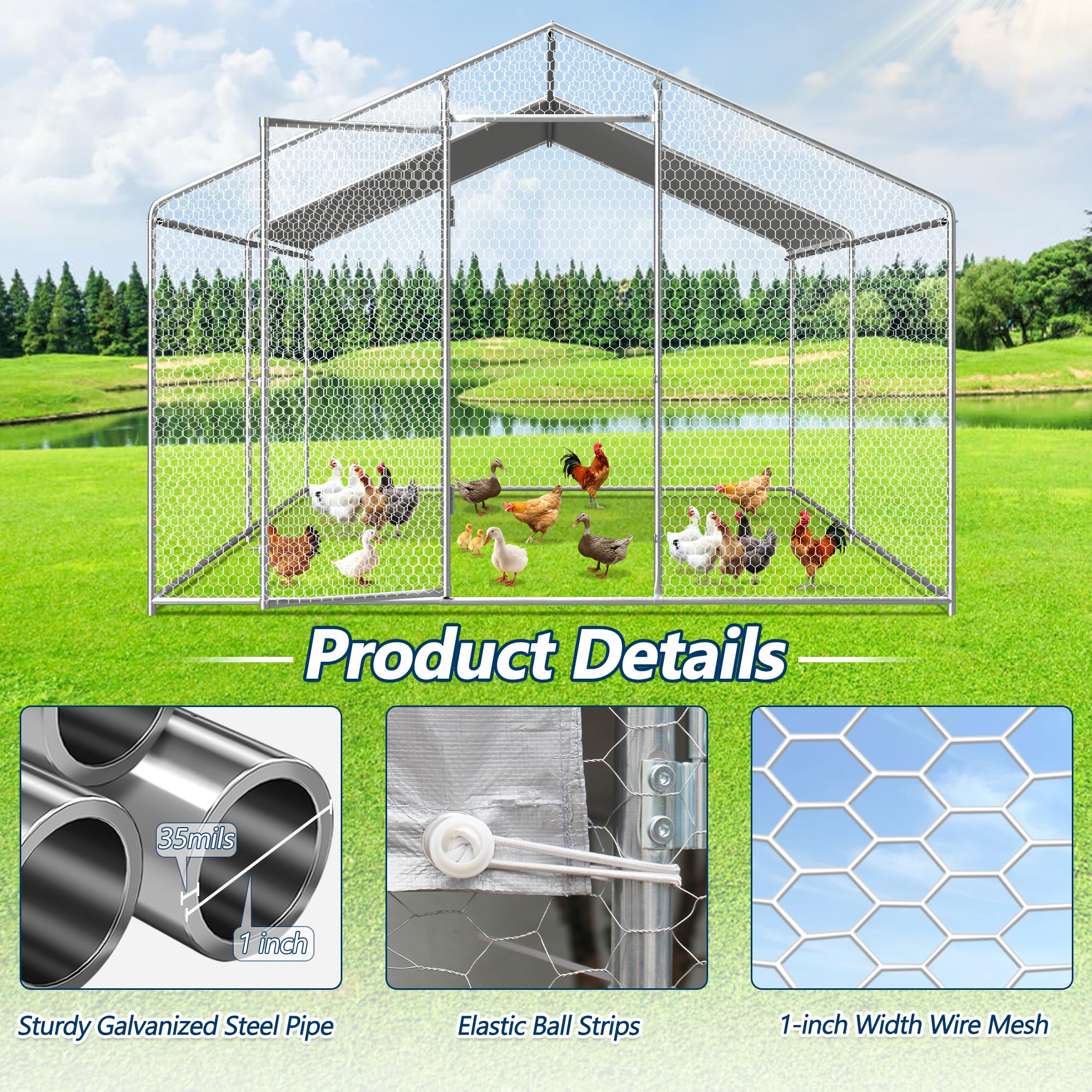 COVERONICS Metal Chicken Coop Run - Outdoor Large Chicken Coop with Waterproof Cover and Security Lock, Walk-in Poultry Pen for Outdoor Yard Farm 9.7x13x6.4FT (2-Unit Spire Roof Coop)