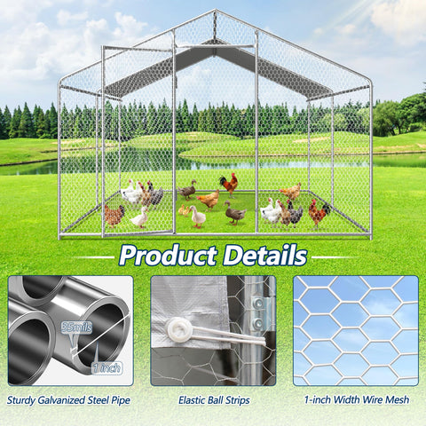 COVERONICS Metal Chicken Coop Run - Outdoor Large Chicken Coop with Waterproof Cover and Security Lock, Walk-in Poultry Pen for Outdoor Yard Farm 9.7x13x6.4FT (2-Unit Spire Roof Coop)