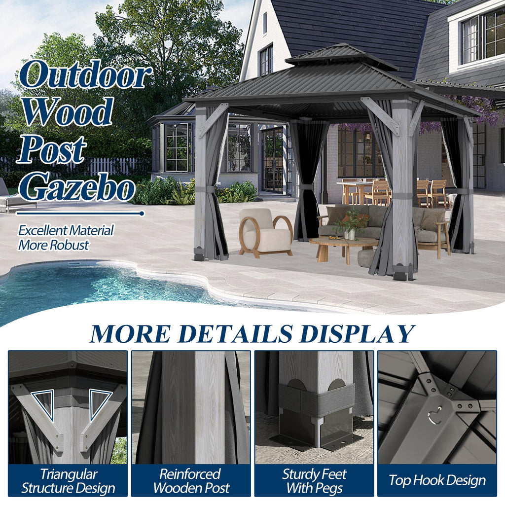 COVERONICS 8.5FT x 8.5FT Outdoor Hardtop Gazebo - Patio Cedar Wood Post Gazebo with Galvanized Steel Hardtop, Heavy-Duty Double Roof Pavilion with Netting & Curtains for Garden, Poolside, Deck, Backyard