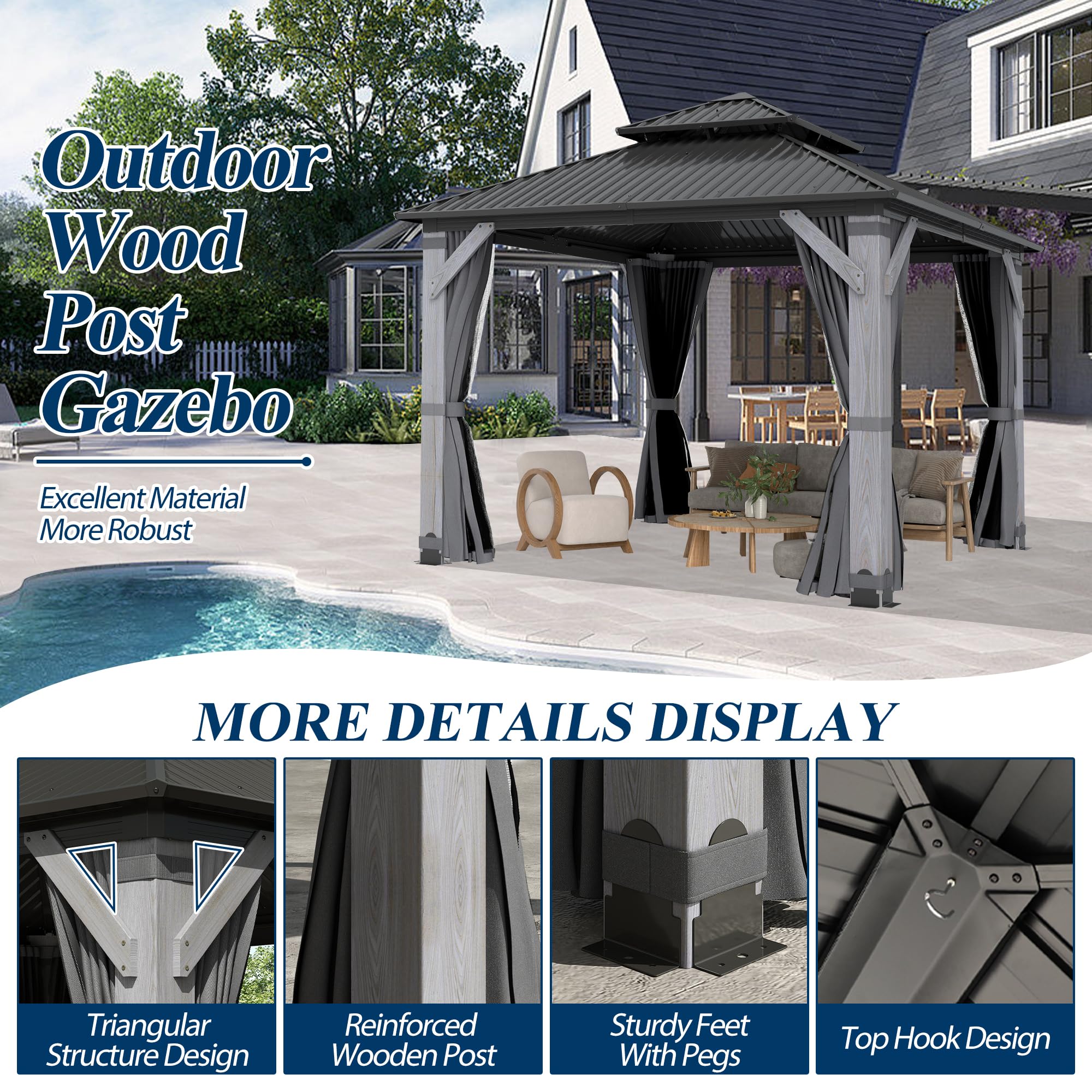 COVERONICS 8.5FT x 8.5FT Outdoor Hardtop Gazebo - Patio Cedar Wood Post Gazebo with Galvanized Steel Hardtop, Heavy-Duty Double Roof Pavilion with Netting & Curtains for Garden, Poolside, Deck, Backyard