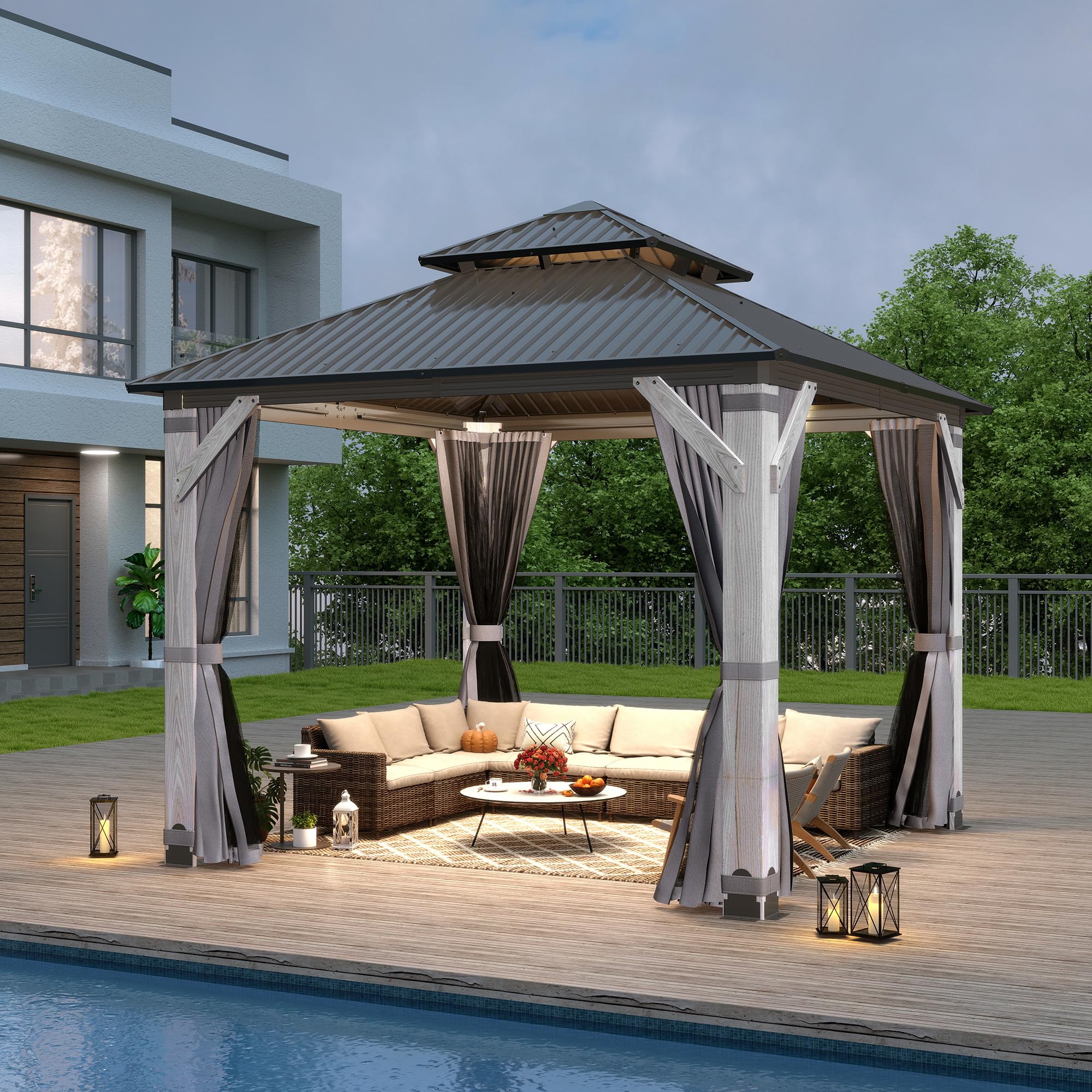 COVERONICS 8.5FT x 8.5FT Outdoor Hardtop Gazebo - Patio Cedar Wood Post Gazebo with Galvanized Steel Hardtop, Heavy-Duty Double Roof Pavilion with Netting & Curtains for Garden, Poolside, Deck, Backyard