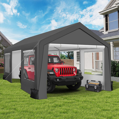 COVERONICS 12' x 20' Heavy Duty Carport Tent - Portable Outdoor Car Canopy with Roll-up Side Doors & Windows, Portable Garage with 4 Sandbags for Car, Truck and Outdoor Event, Grey