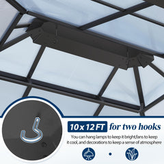 COVERONICS 10FT x 12FT Patio Polycarbonate Hardtop Gazebo with Steel Frame - Outdoor Translucent Double Roof Gazebo with Netting & Curtains for Lawn, Garden, Backyard, Poolside