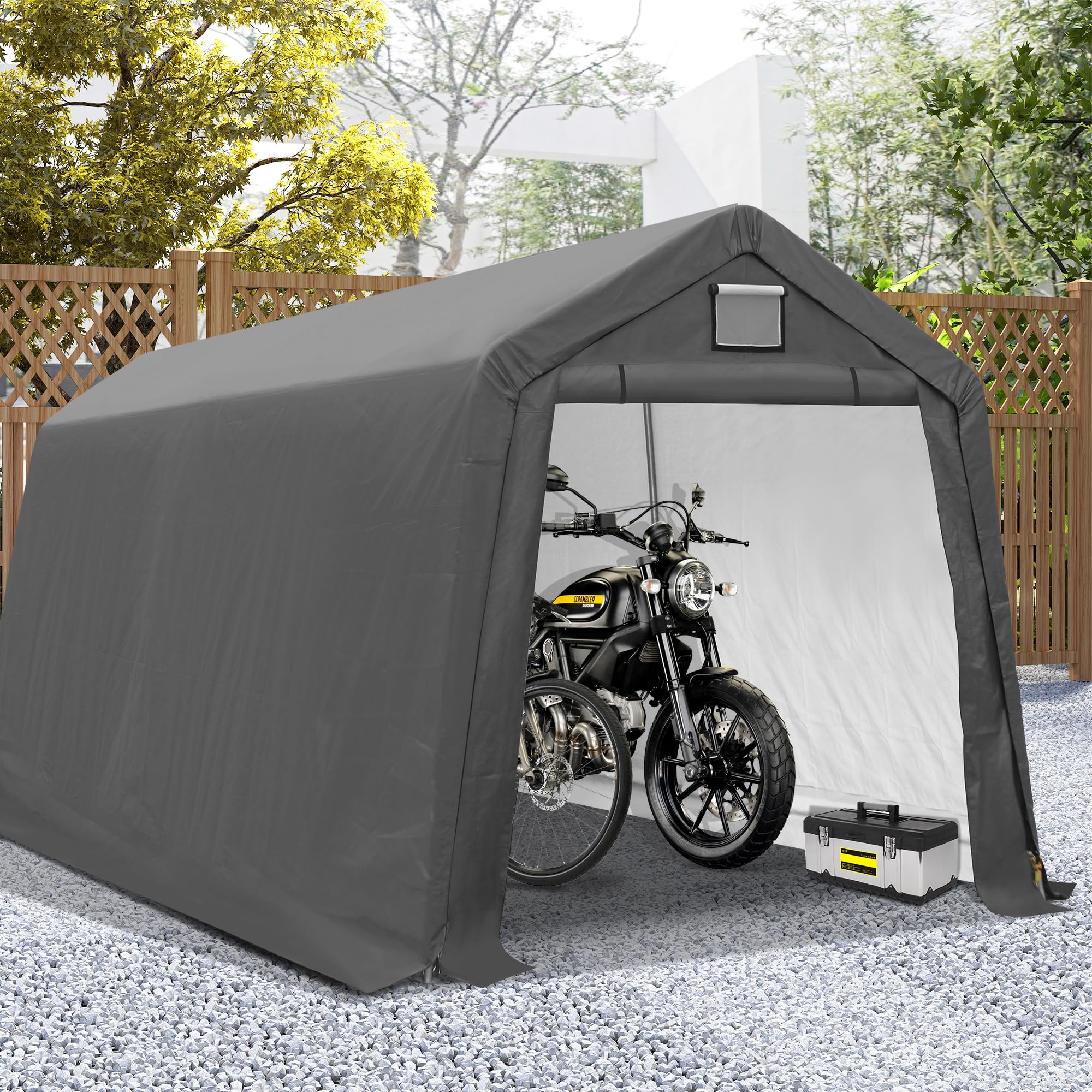 COVERONICS 7' x 12' Outdoor Storage Shed - Heavy Duty Portable Shelter Carport with Ventilation Windows and Roll-up Doors, Storage Shelter Tent for Motorcycle, Bike, Lawnmower and Garden Tools, Grey
