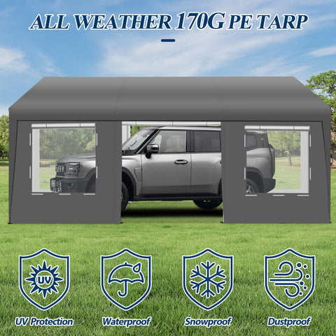 COVERONICS 12' x 20' Heavy Duty Carport Tent - Portable Outdoor Car Canopy with Roll-up Side Doors & Windows, Portable Garage with 4 Sandbags for Car, Truck and Outdoor Event, Grey