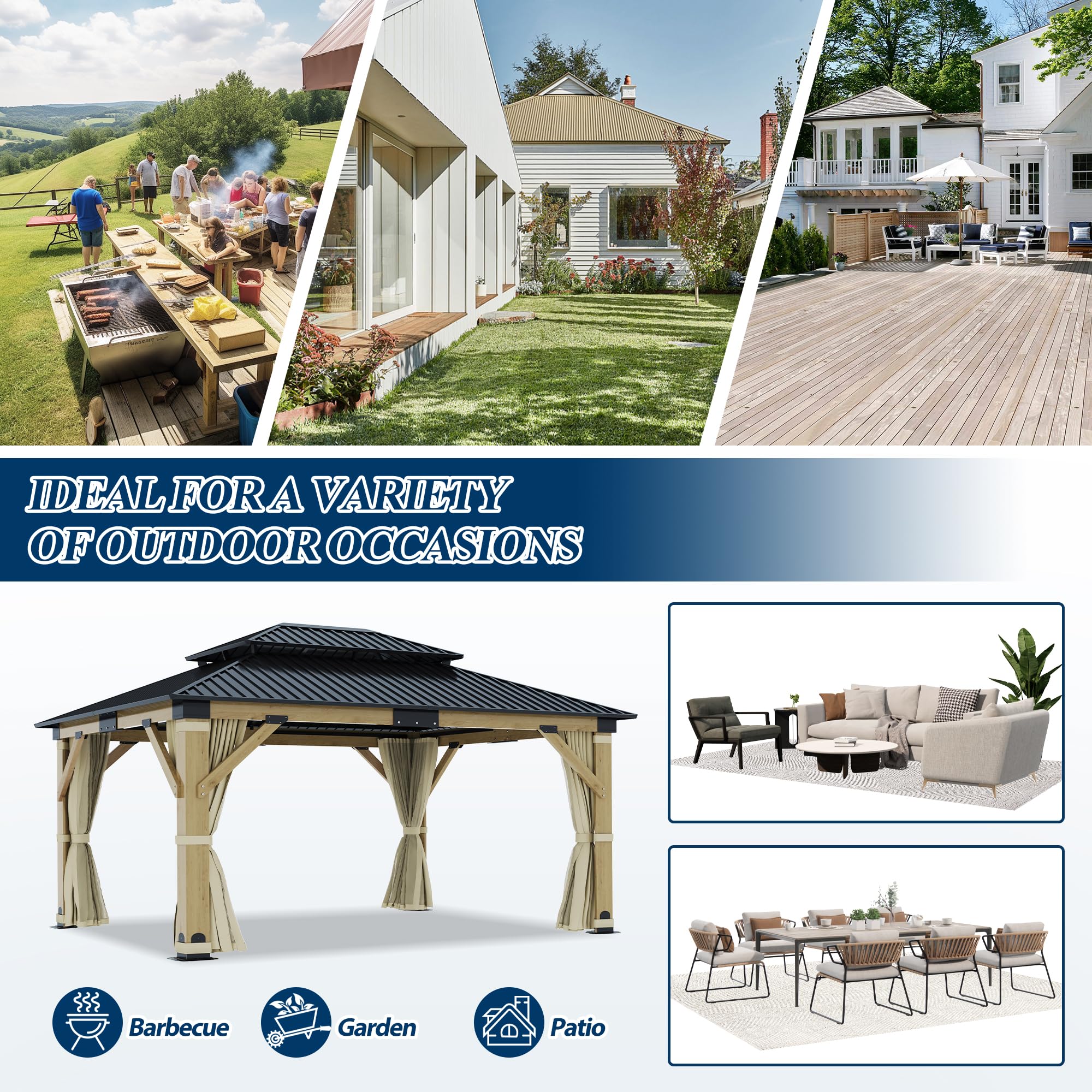 COVERONICS 13FT x 15FT Outdoor Cedar Wooden Gazebo - Patio Wood Frame Gazebo with Galvanized Steel Hardtop, Heavy-Duty Hardtop Gazebo with Netting & Curtains for Garden, Poolside, Deck, Backyard