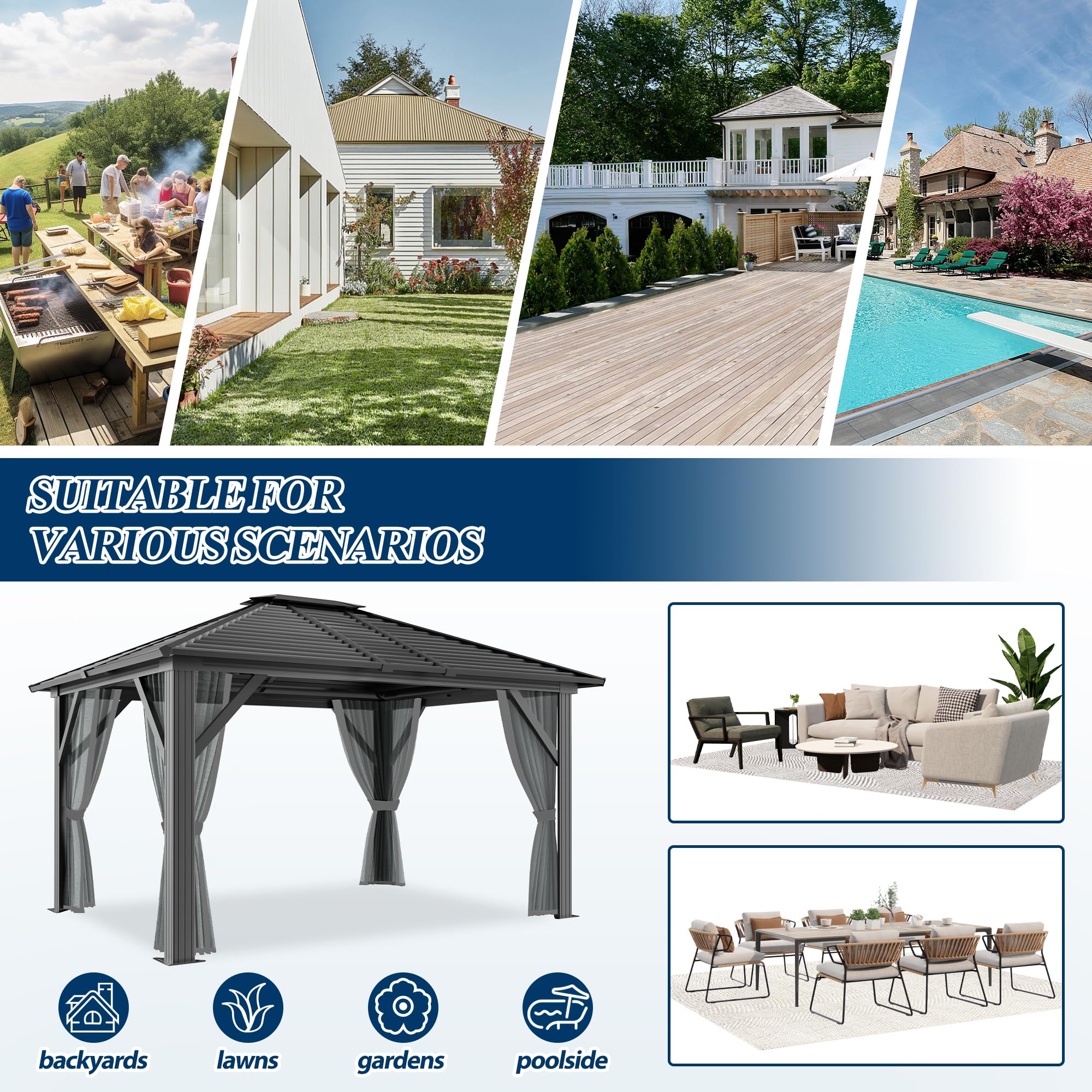 COVERONICS 10' x 12' Patio Hardtop Gazebo - Outdoor Heavy Duty Aluminum Frame Gazebo with Galvanized Steel Hardtop Single roof and Breathable Netting for Garden, Lawns, Party, Poolside