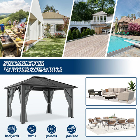 COVERONICS 10' x 12' Patio Hardtop Gazebo - Outdoor Heavy Duty Aluminum Frame Gazebo with Galvanized Steel Hardtop Single roof and Breathable Netting for Garden, Lawns, Party, Poolside