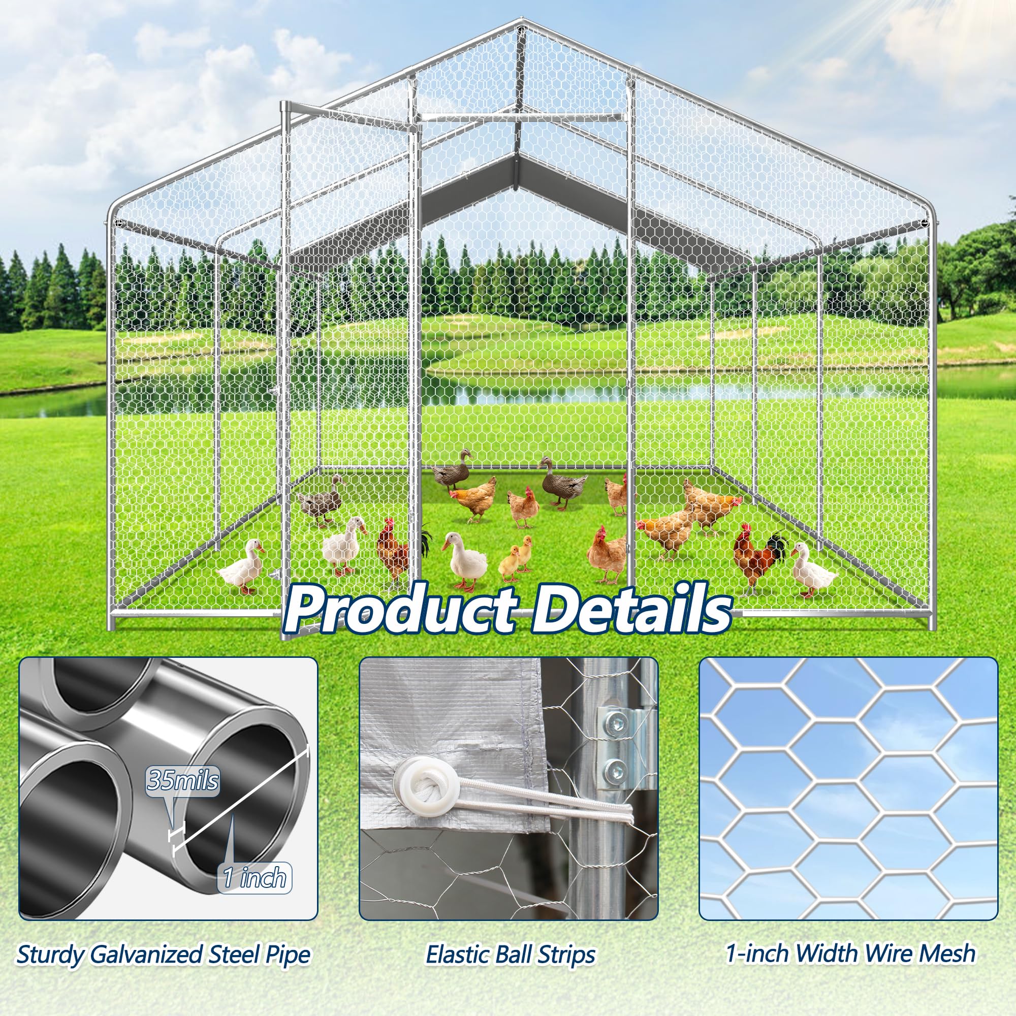 COVERONICS Metal Chicken Coop Run - Outdoor Large Chicken Coop with Waterproof Cover and Security Lock, Walk-in Poultry Pen for Outdoor Yard Farm 9x19x6.4FT (3-Unit Spire Roof Coop)