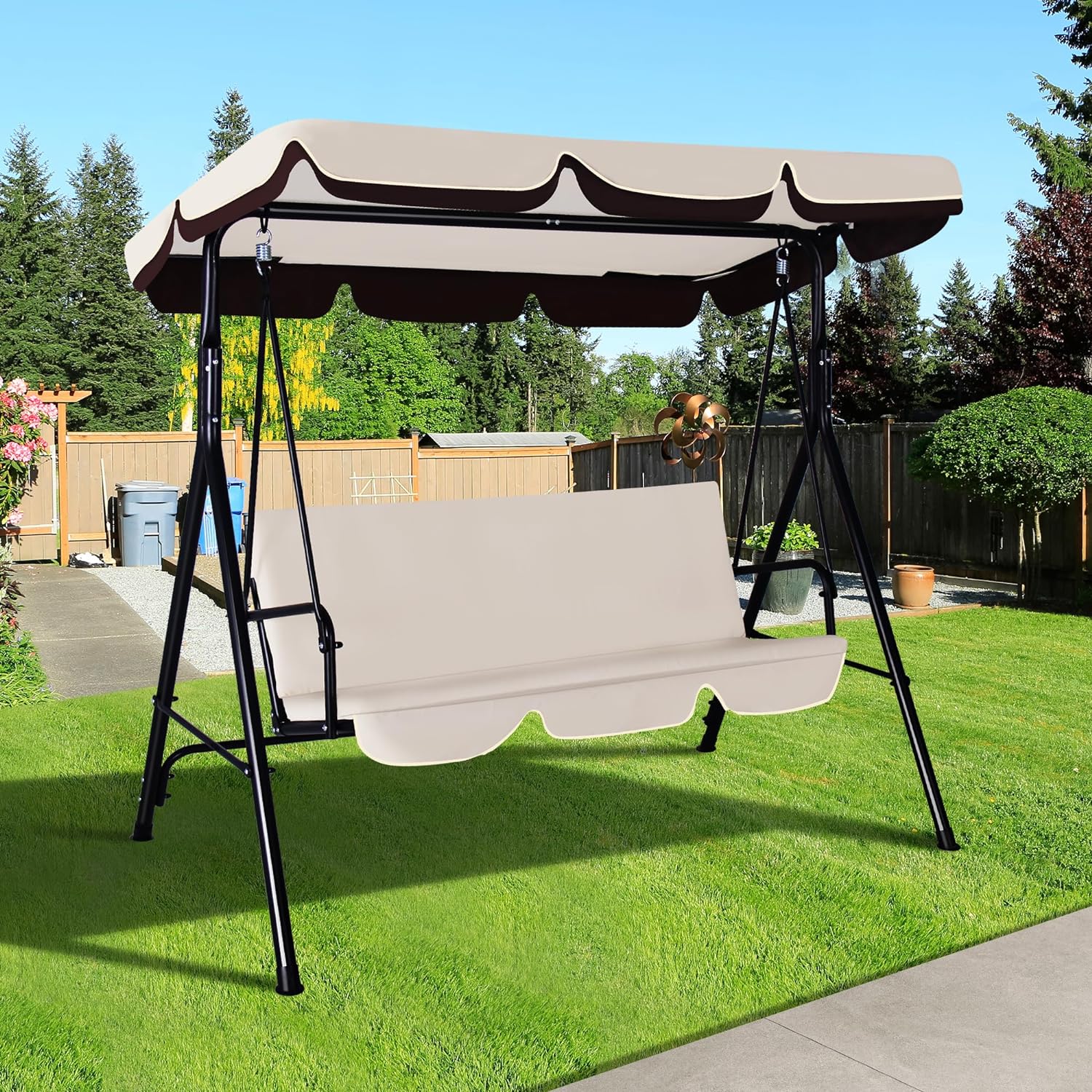 3-Seat Outdoor Porch Swing, Patio Swing Chair with Adjustable Canopy & Durable Metal Frame, Garden Swings Chair with Removable Cushions for Backyard, Terrace, Lawn