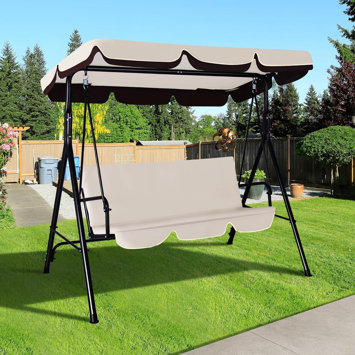 3-Seat Outdoor Porch Swing, Patio Swing Chair with Adjustable Canopy & Durable Metal Frame, Garden Swings Chair with Removable Cushions for Backyard, Terrace, Lawn