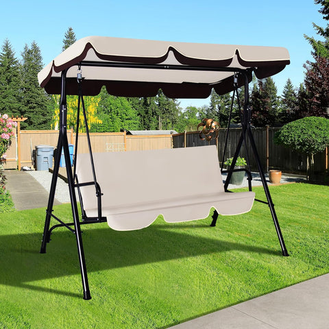 3-Seat Outdoor Porch Swing, Patio Swing Chair with Adjustable Canopy & Durable Metal Frame, Garden Swings Chair with Removable Cushions for Backyard, Terrace, Lawn